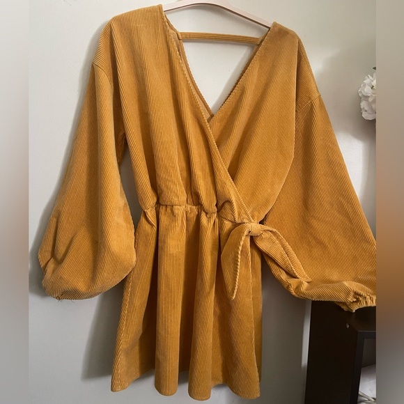 ASOS DESIGN cord wrap smock mini dress in marigold - Picture 13 of 15